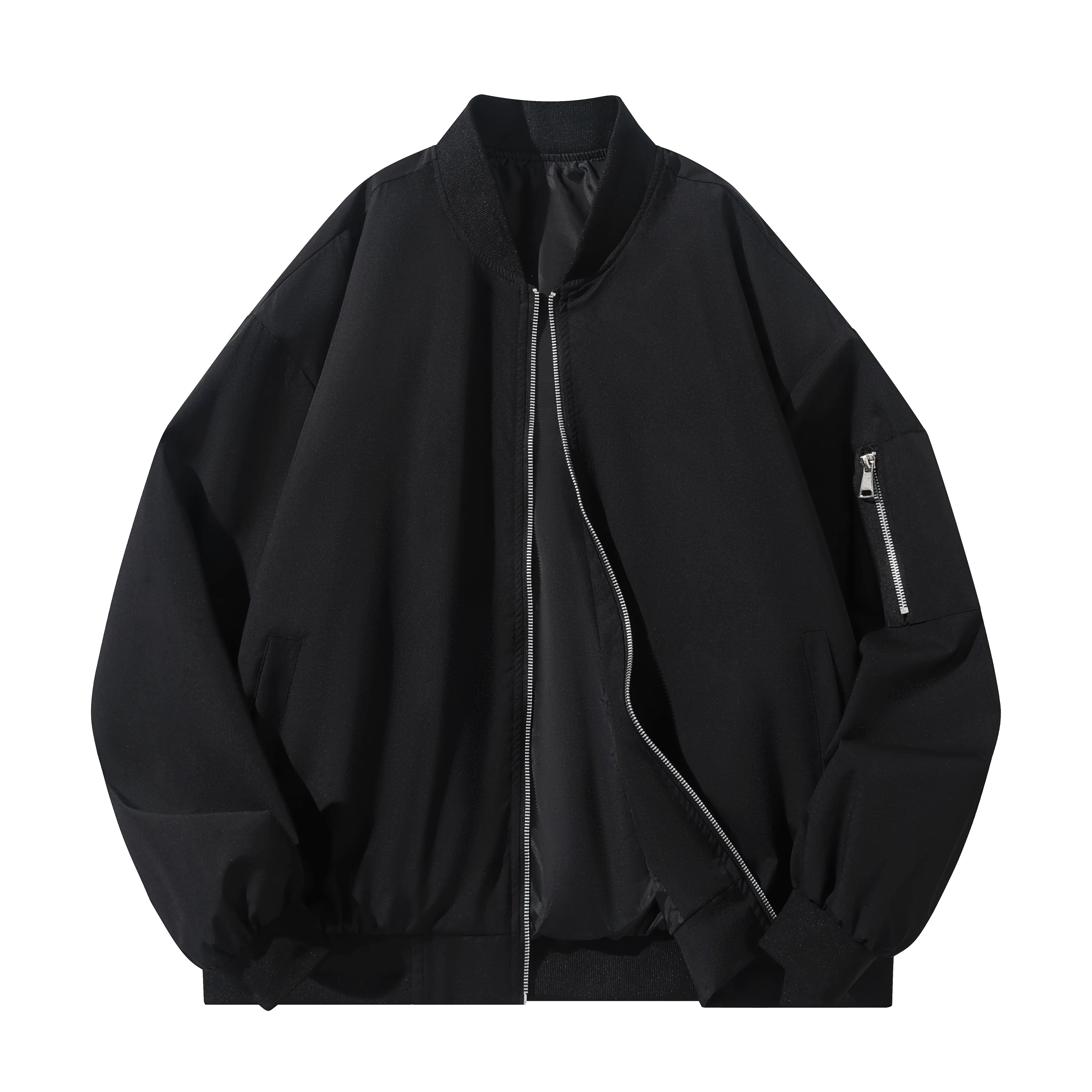 Men's Solid Black Baggy Baseball Jacket - Ribbed Stand Collar, Full Zip-Up, Lightweight, Windproof, Sleeve Pockets, Plain Streetwear Outerwear