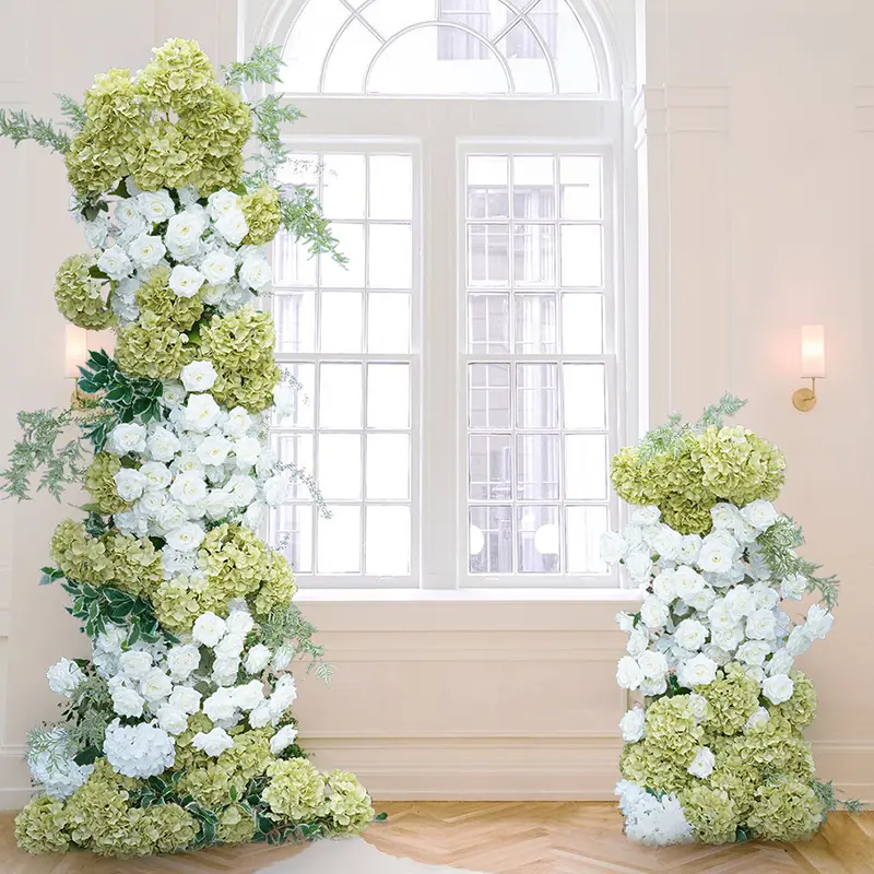 S-A7883 5D Green White Silk Decorative Hydrangea Rose Flower Runner, Ornaments for Wedding Backdrop KT Board Home Decor