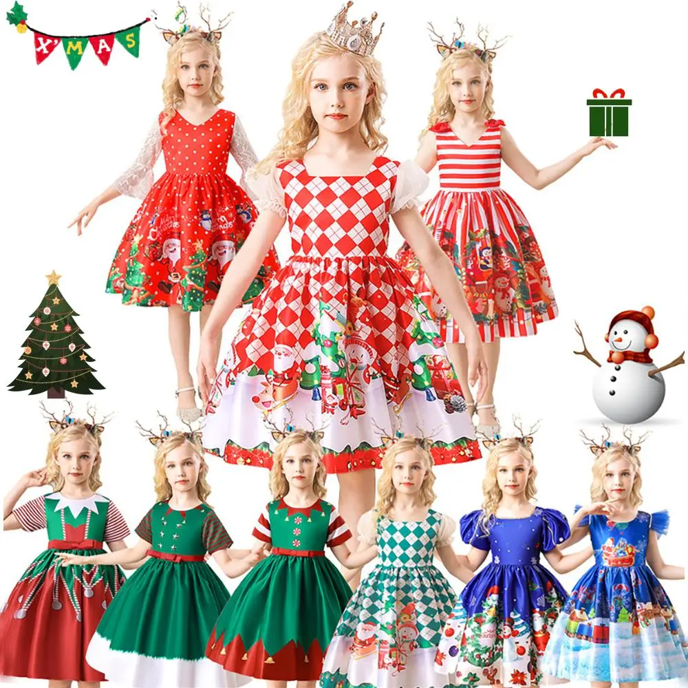 888 ( Dress + headband )Young Girls Santa Claus Snowman Pattern Christmas Party Dress Suitable For Holiday Party Fabric Design Cut Randomly Kids Dress