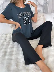 Women's 2-Piece Sleep Set, Letter Print Short Sleeve Top and Solid Long Pants, Comfortable and Stylish, Ideal for Cozy Nights at Home
