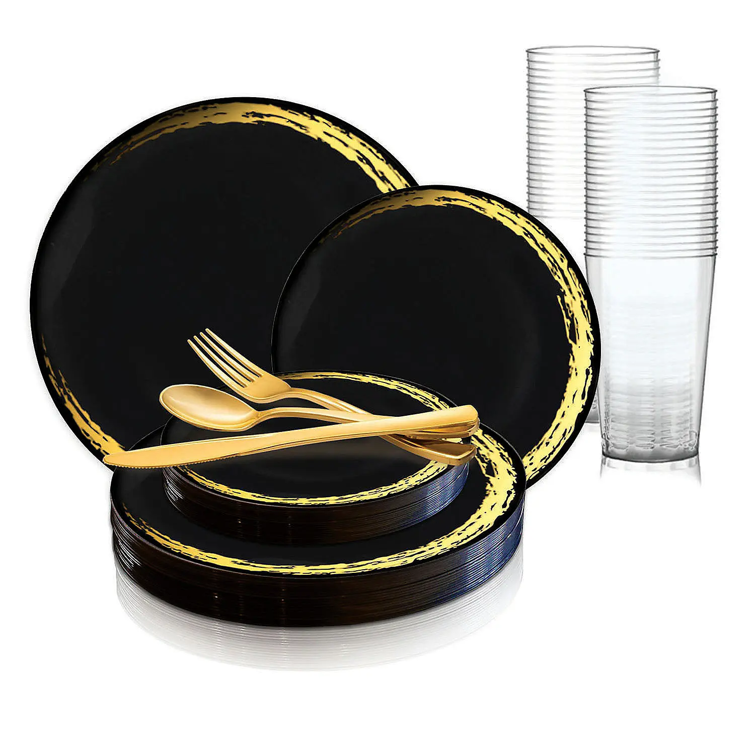 Black with Gold Moonlight Round Disposable Plastic Dinnerware Value Set - Service for 60, Casual & Lightweight Disposable Tableware Supplies, Includes Party Plates, Polystyrene Spoons, Forks, Cups, Glasses for Single Event