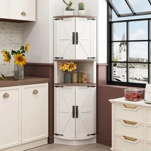 Vabches 64.8" Height Farmhouse Wood Corner Cabinet - 4 Doors, 5 Storage Shelves, Barn Door, 90° Right-Angle Design, Anti-tip Wall Mount, 22"(w)x15.6"(d)x64.8"(h), Space Saving Furniture for Living Room, Kitchen
