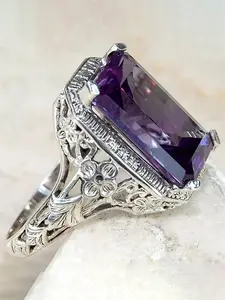 1 PC Gorgeous Purple Cubic Zirconia Emerald Cut Solitaire Ring For Women For Valentine's Day Gift Wedding Anniversary Party Jewelry