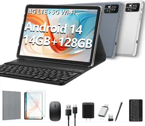 Tablet 10 inch 2026 Newest Android tablet 4G Cellular tablets with 2 Sim Slot 128GB ROM+14GB RAM+1TB Expand Octa-Core 5G WiFi Tablet 13MP+8MP 7000mAh BT5.0 GPS tablet with keyboard mouse pen Grey