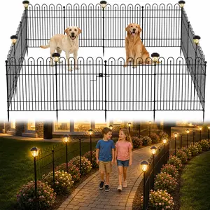 No Dig Fence with Solar Lights, Decorative Metal Garden Fence Panels for Yard, Outdoor Animal Barrier Fence Rustproof for Dogs, Rabbits & Patio