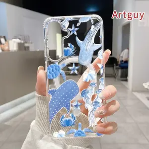 Oceanic Dreamscape Pattern Magnetic Phone Case for Samsung Galaxy S26 Edge S23 Ultra S24 Plus FE S25 S22+ Non-Yellowing Clear Crystal Drop-proof Slim Silicone Shockproof Transparent Acrylic Large Hole Cover Supports Wireless Charging