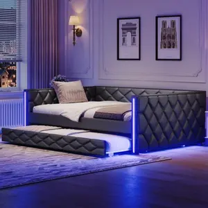 Full XL Size Upholstered Daybed with Trundle & Adjustable LED,PU Leather Tufted Sofa Day Bed Frame with Soft Backrest & Armrests,Furniture for Bedroom Living Room Guest Room,No Box Spring Needed,Black