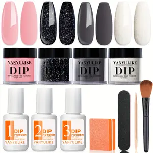 Dip Powder Nail Kit, 4 Colors Gentle Gray Pink Black Glitter Dip Nails Powder Starter Kit Essential Liquid Set with Base Top Coat Activator French Nail Art Manicure DIY Salon Kit