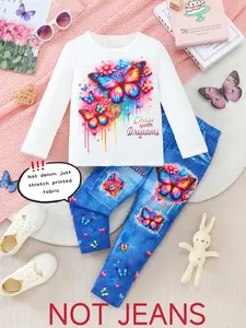 Girls' Clothing Set, 2-Piece Butterfly Print Long Sleeve T-Shirt + Faux Denim Jeans, Soft Comfortable Fabric, Elastic Waistband, Outdoor Activities