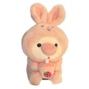 Soft Pink Bunny Pig Plushie with Strawberry Milk Cup