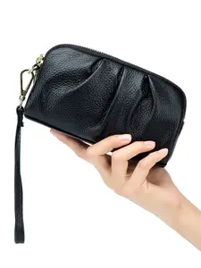 Women's Leather Clutch Purse, Multi-Functional Double Zipper Ruffled Pouch, Zip Wristlet, Coin Purse, Key Holder, Suitable for Lipstick and Phone