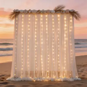 5x10FT 2 Panels Ivory Sheer Lighted Backdrop Drapes, Soft Chiffon Curtains with Warm Fairy Lights for Ceremony, Reception, Birthday, Dreamy Studio