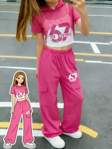 Y2K Girl Fashion Mesh Hooded Short Sleeve Set, Random Print Tank Top, Sporty Casual Pants, Perfect for Outdoor Activities