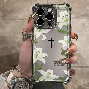 White Lily Cross Faith Pattern Electroplated Phone Case For iPhone 17/16/15/14/13/12/11/X Plus/Air/ProMax/Pro - Anti-Drop Shockproof Transparent Protective Screen Protector Protection Cover tough phonecase accessory protection