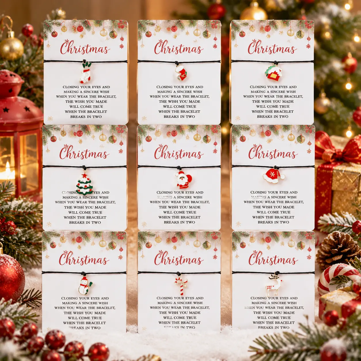 9Pcs Christmas Wish Bracelets for Women Candy Cane Adjustable Braided Wax Rope Elk Bracelets with Christmas Card for Friends Coworkers Gift