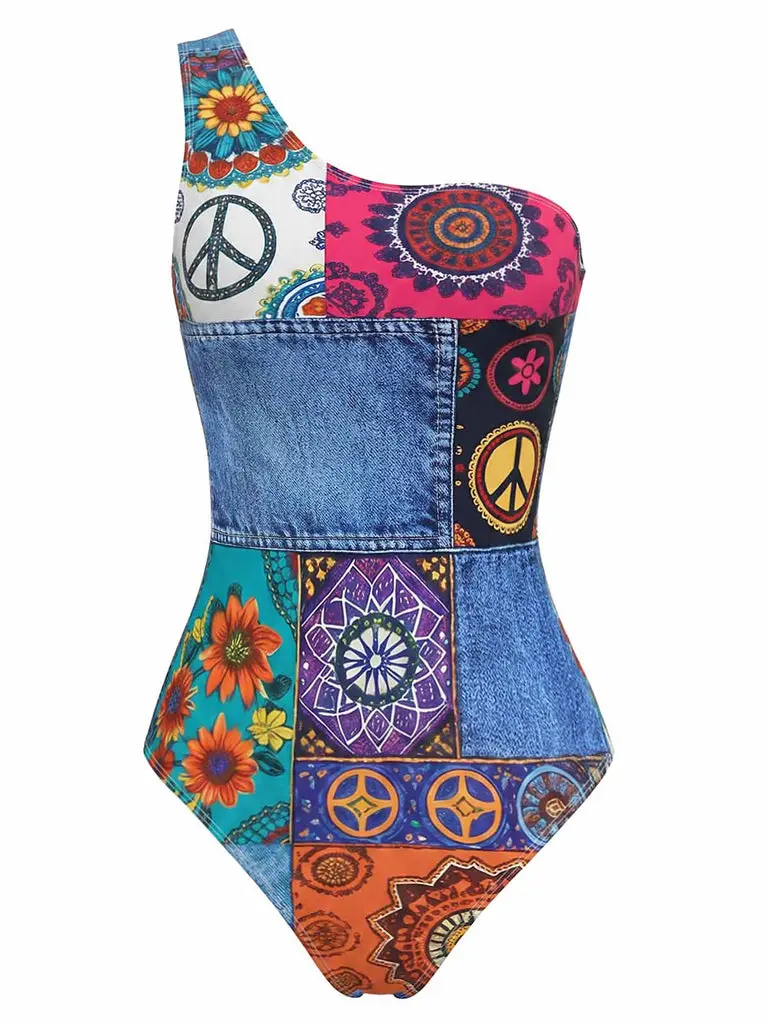 Multicolor 1960s Rainbow Hippie Asymmetrical One-Shoulder Swimsuit