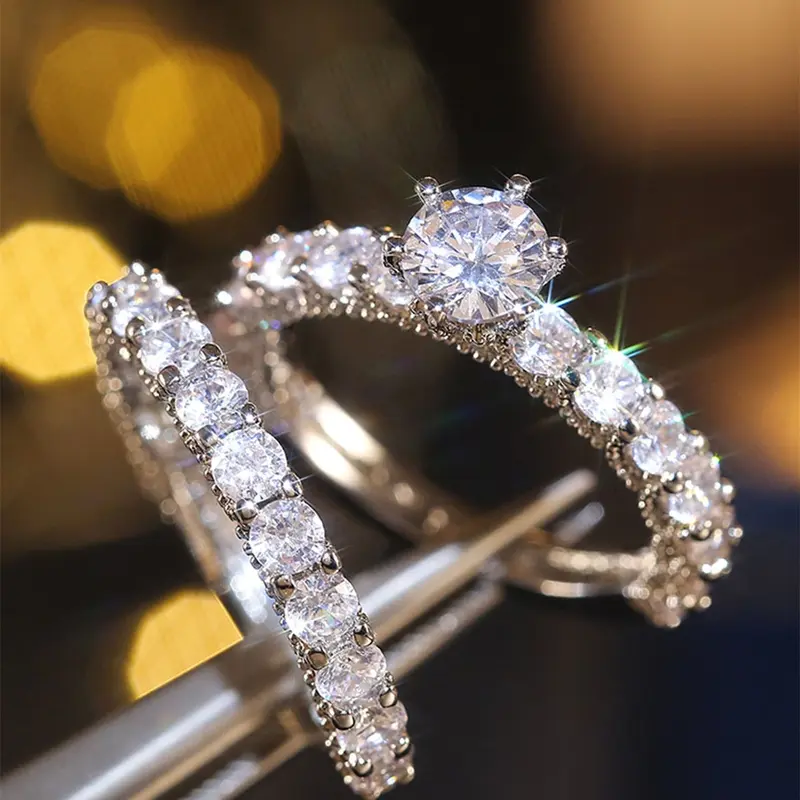 2 Pcs/set Classical Cubic Zirconia Ring For Women Beautiful Rings For Wedding Engagement Anniversary Party Jewelry Artificial Zircon Rings Valentine's Day Gift
