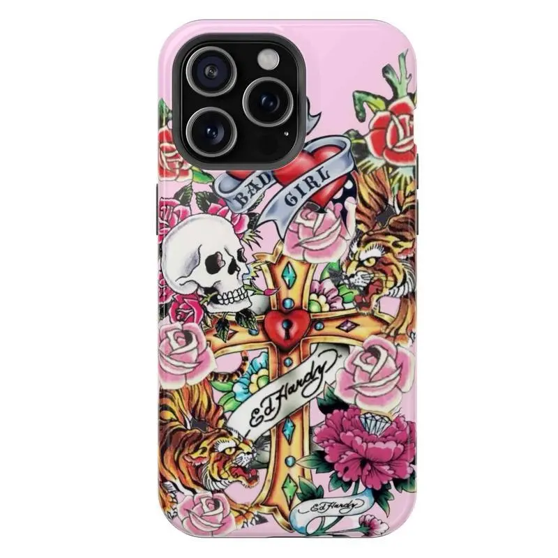 Pink Ed Hardy Skull Leopard Tiger Tattoo iPhone Case Aesthetic Y2k Trendy Collage Phone Cover for iPhone 16 15 14 13 12 11 ProMax Plus Samsung Men Women Gift