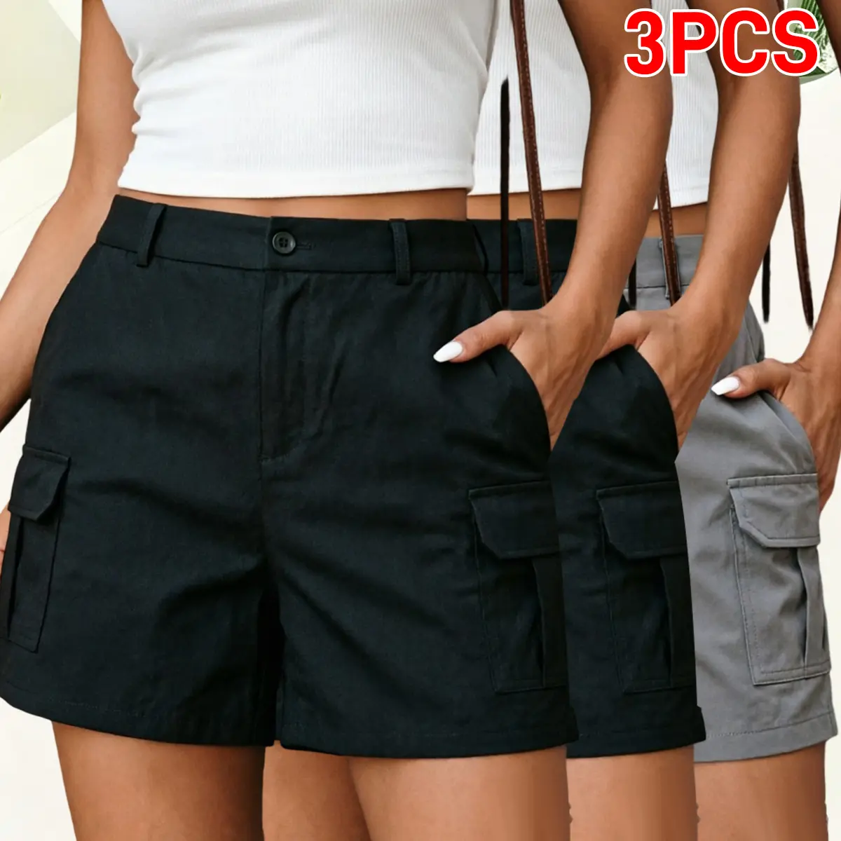 Women’s 3-Pack Canvas Shorts Set – Great Value Combo, Breathable polyster Bottoms, Each Pair Has Two Pockets, Available in Two Classic Colors, Durable Wrinkle-Resistant Fabric, Perfect for Home, Errands, and Weekends.