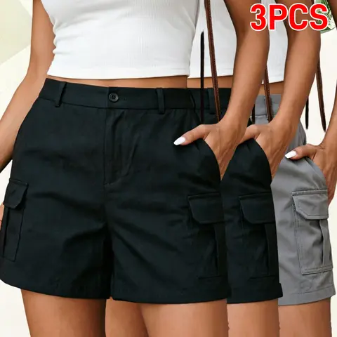 Women's 3-Pack Casual Polyester Canvas Set Shorts - Pocket-Ready (2 Pockets Each), Durable, Wrinkle-Resistant, Button-Accented, Black+Gray, Breathable, Great Value for Home & Errands, Classic Women's Bottoms
