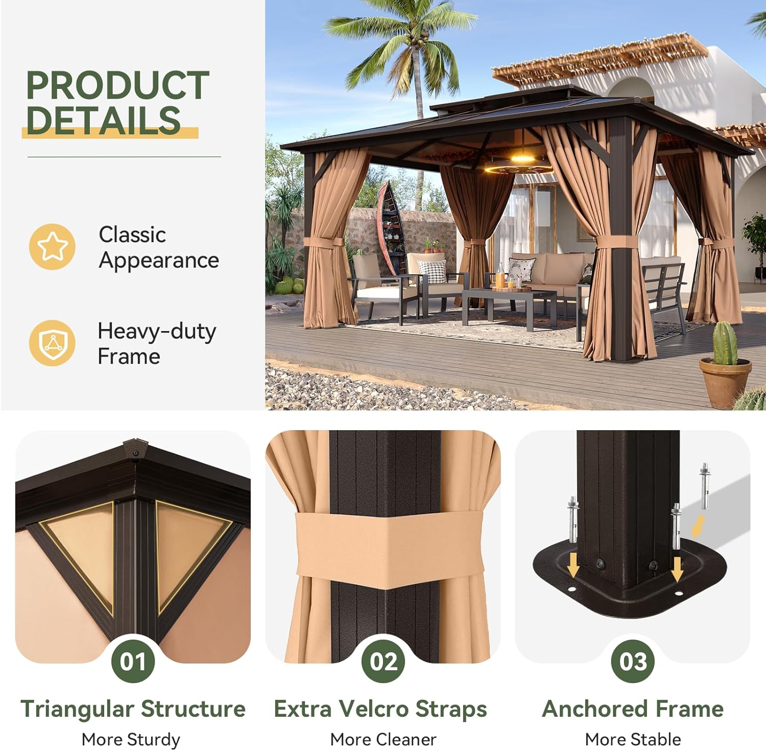 【Ships in 2 Packages】Aoxun 12x10 FT Hardtop Gazebo, Aluminum Frame Permanent Pavilion with Double Polycarbonate Roof, Curtains & Netting for Patio & Backyard – Brown