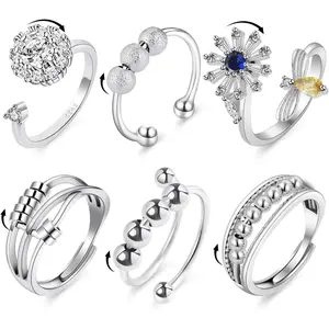 Women's 6PCS Anti-Anxiety Fidget Rings Set - Brass Alloy Open Adjustable Size CZ Diamond Rings with Rotating Beads, Bee Daisy Design for Stress Relief
