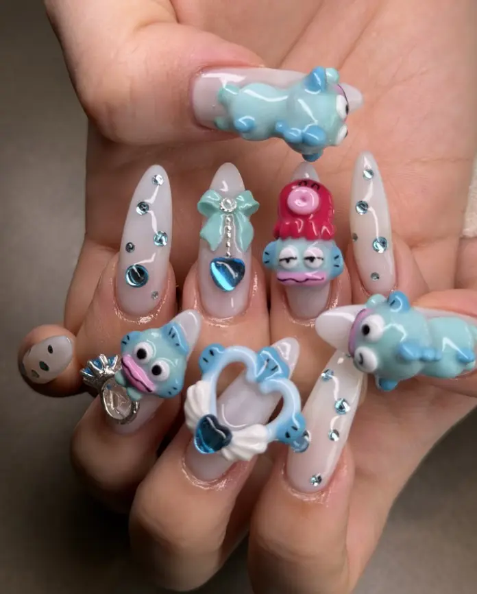 Kawaii Blue 3D Monster Press On Nails | Long Stiletto Rhinestone Bow Heart Nails | Handmade Cute Cartoon False Nails | Reusable Statement Nail Set