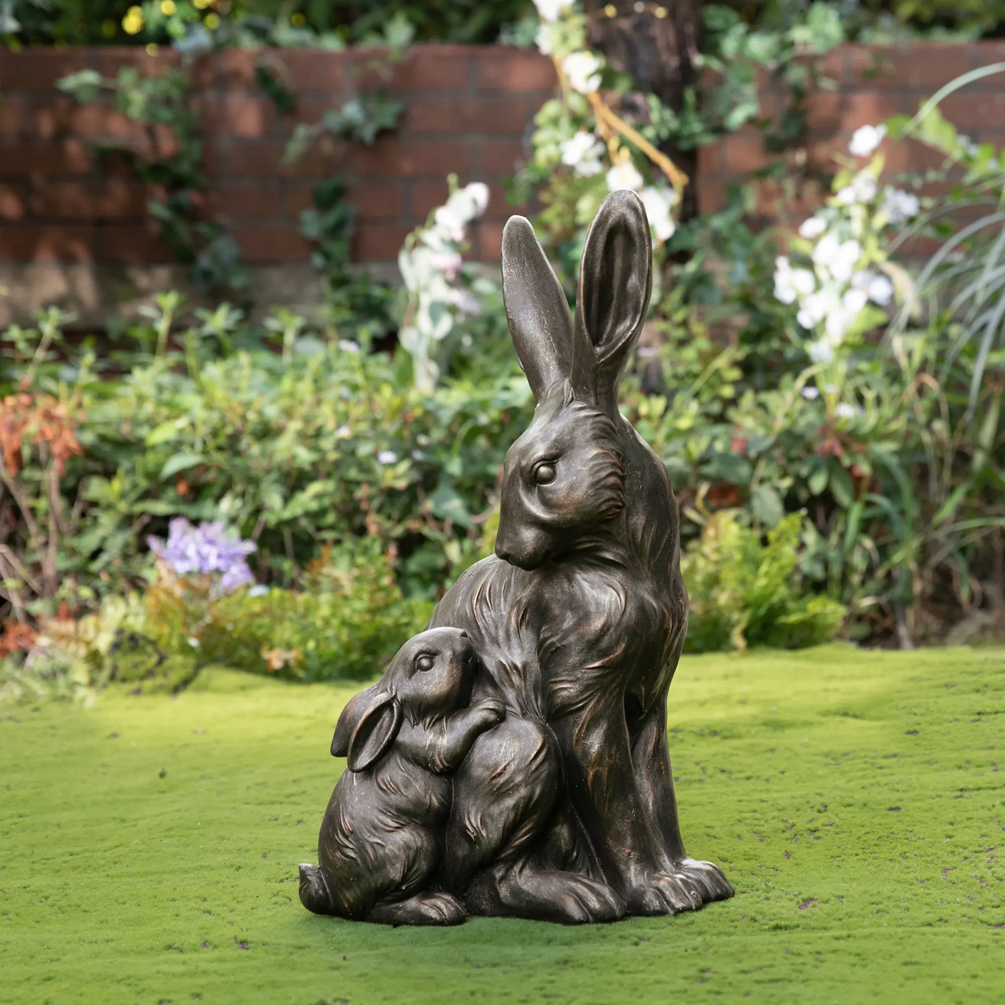 Glitzhome 21.25''H Classic MGO Bronze Mom and Baby Rabbit Statue, 3D Sculpted Animal Decorations, Bunny Figure, Animal Decorations Statues