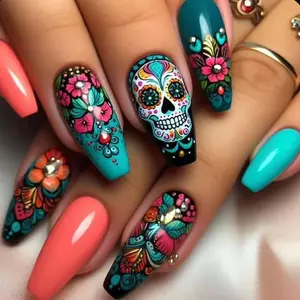 Sugar Skull Pattern Fake Nails with 1 Nail File & 1 Sticker Sheet, Reusable Ballerina False Nails for Women & Girls DIY Nail Art, Flower Nails, Stick On Nails