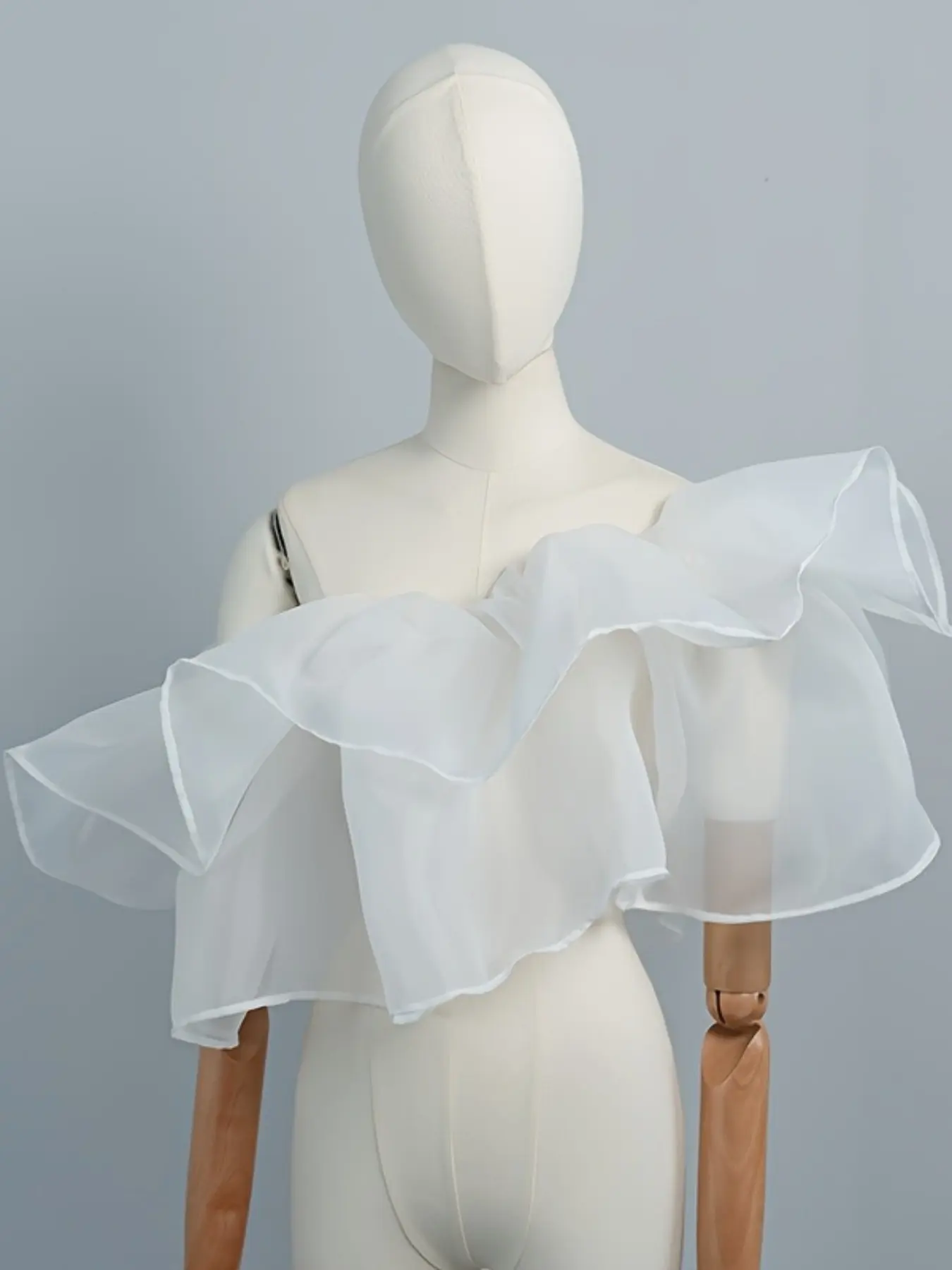 French Romantic One-Shoulder Lightweight Sheer Organza Ruffle Shawl, Formal Chic Wedding Dress Outerwear, Bride Arm Cover Up, Elegant Bridal Accessory