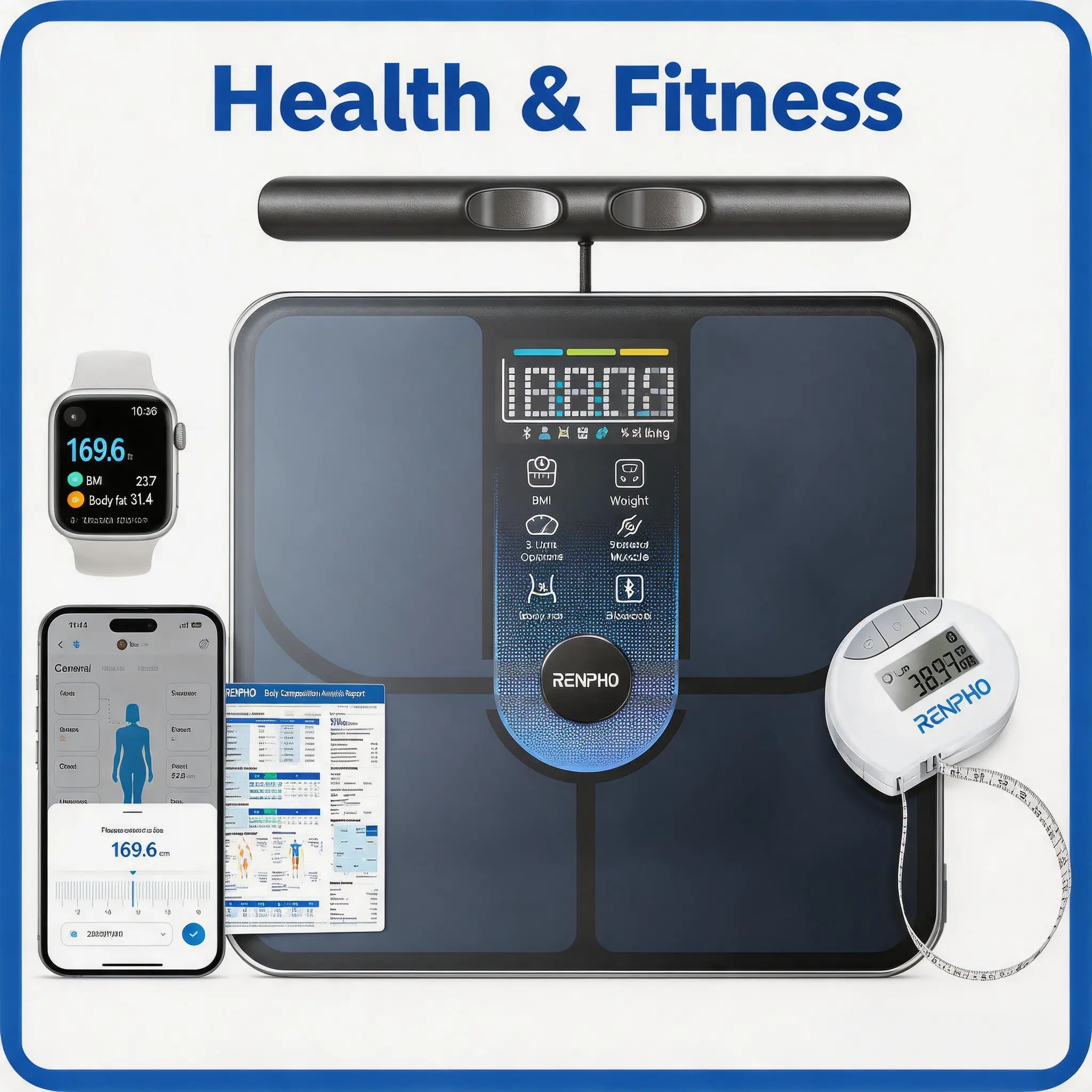 RENPHO Fitness Bundle: 8‑Electrode Smart Scale with Handle(MorphoScan Lite) & Bluetooth Smart Tape Measure, 400lb Body Composition Scale, Auto‑Retractable 60in/150cm Measuring Tape, Sync to Free App for Body Metrics & Circumference Tracking