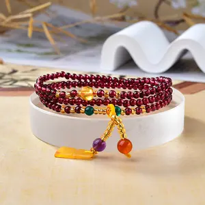 Natural Garnet Multi-Layer Necklace | Honeycomb Amber Charm, Protection & Vitality Crystal