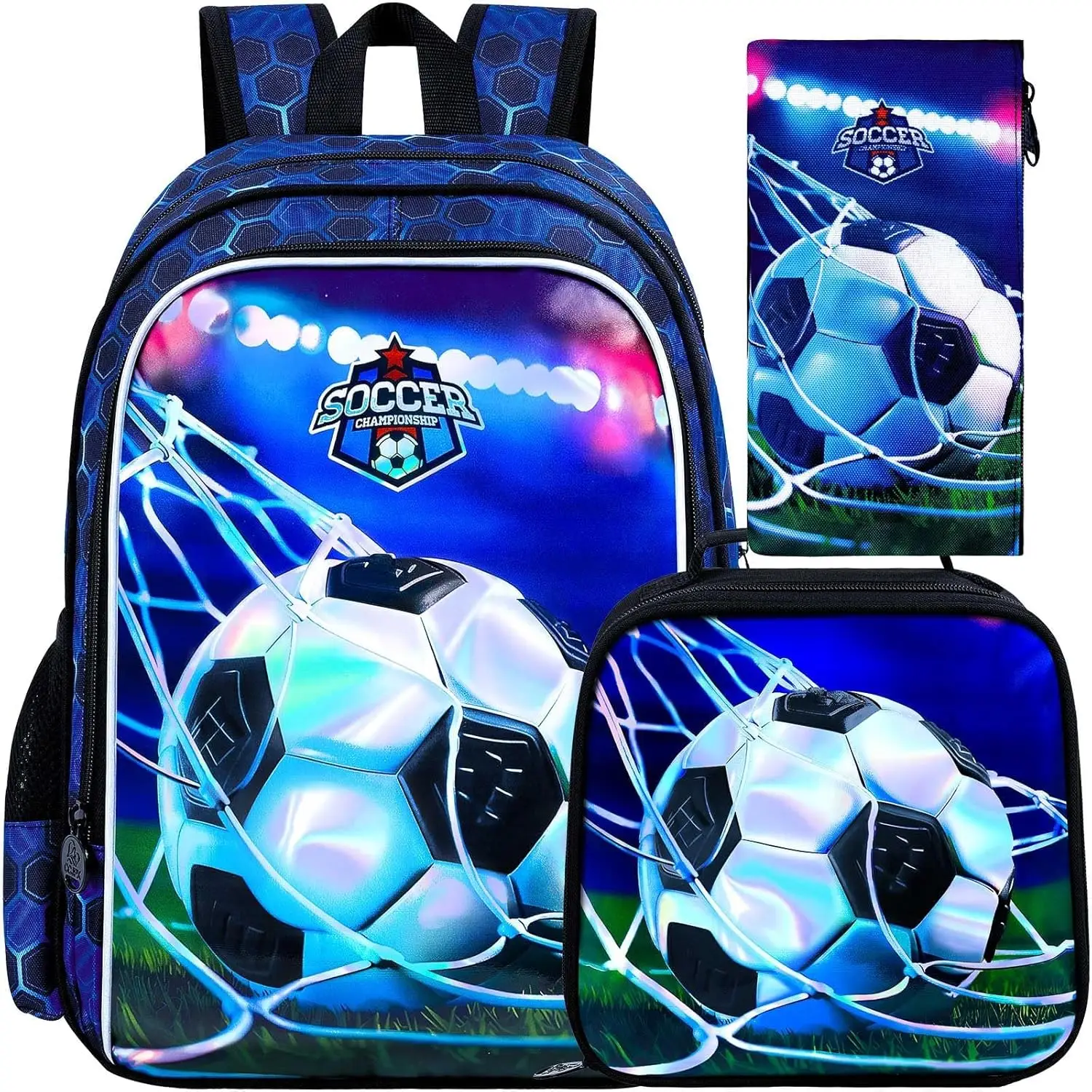 3PCS Soccer Backpack for Boys, 16" Kids Football Bookbag with Lunch Box, Water Resistant Elementary Prechool Toddler Shool Bag