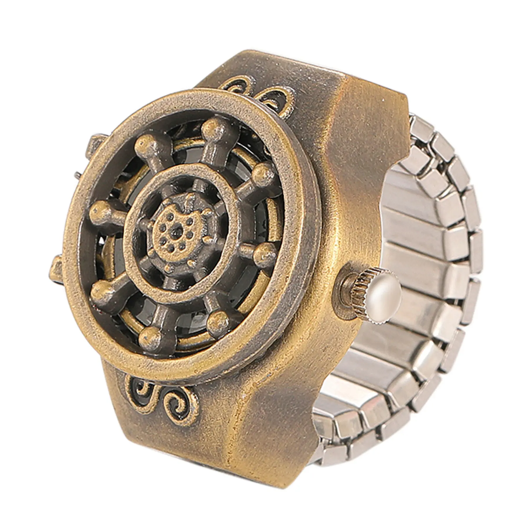 OIDEA Nautical Ring Watch - Unisex Steampunk Alloy Collectible with Ship Helm Motif, Ring Form, Antique Bronze Finish, Elastic Band Fit, Lid Reveal Face, Quartz Movement, Fashion Accessory Gift, 1 Size