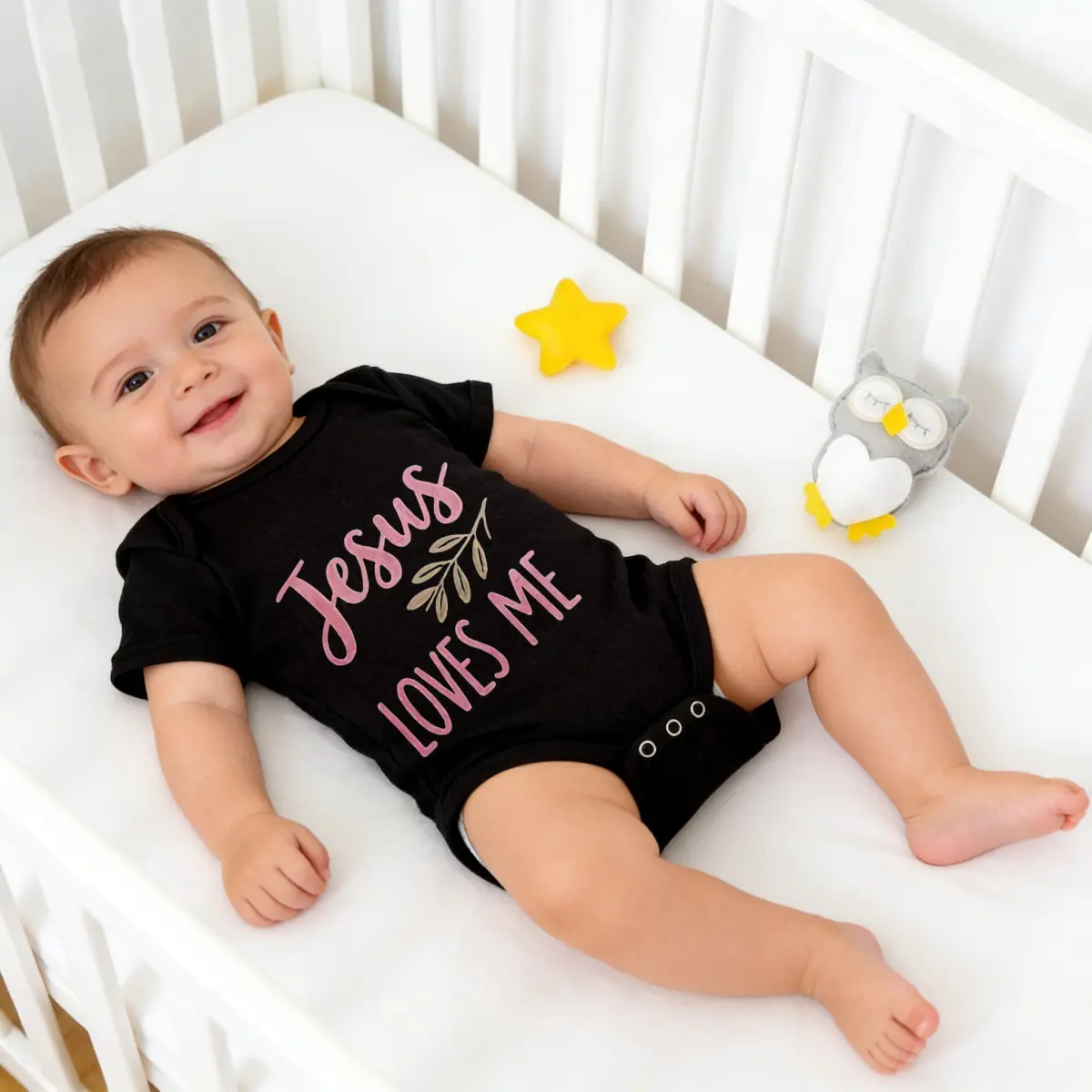 Jesus Loves Me Print Onesie Crew Neck Short Sleeve Bodysuit | Soft Comfortable Cotton Fabric Modern Look Must-Have Breathable New Born, Baby Shower Gift