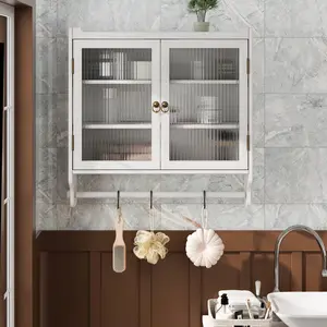 24.8"L*23.62"W*7.08"H White Washed Rectangular Vintage Wall‑Mounted Sideboard Cabinet, Solid Wood & Fluted Long Iris Glass High Load Bearing 3‑Tier Storage Cabinet with Removable Shelves for Home Kitchen Dining Room