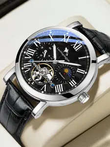 Men's Mechanical Watch, Luminous Waterproof Moon Phase, Band, Round Analog Dial, Alloy Case, No Battery Needed