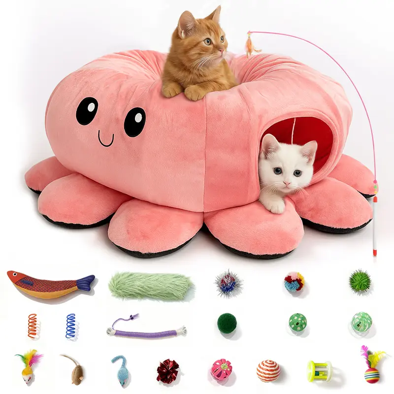 Catails Octopus-Shape Festive Cat Tunnel Bed Set (1 Set) with 20 Interactive Toys, Peekaboo Hole, Christmas Tree Skirt, Holiday Decor, Indoor Play & Rest Accessory for Kittens, Shaped Beds for Cats