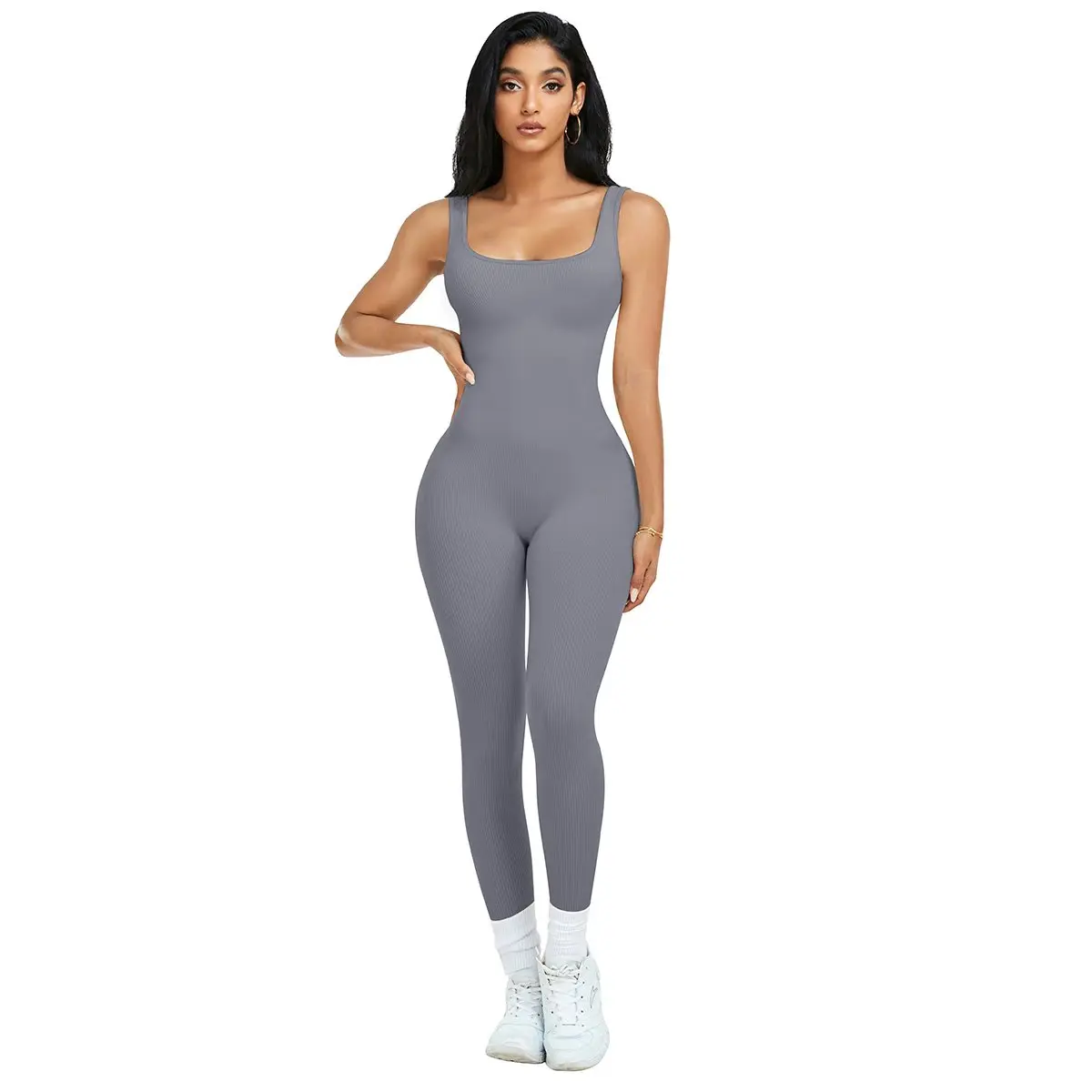Womens Workout Rompers Jumpsuits Seamless Ribbed Yoga Gym One Piece Sleeveless Square Neck Tank Top Leggings Unitard