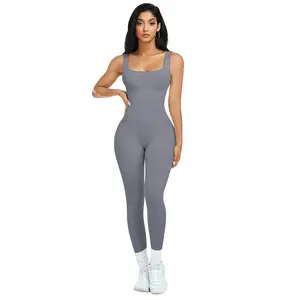 Womens Workout Rompers Jumpsuits Seamless Ribbed Yoga Gym One Piece Sleeveless Square Neck Tank Top Leggings Unitard