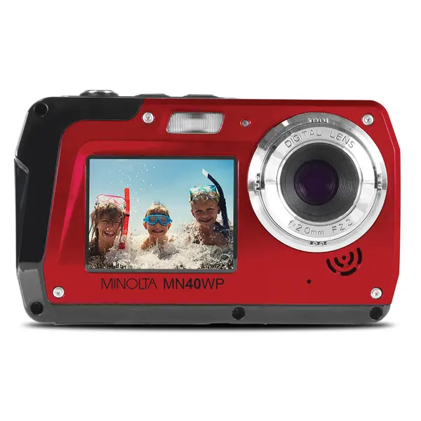 Minolta MN40WP-R 48 MP Waterproof Point & Shoot Digital Camera - Red, with Memory Card, Rear Display