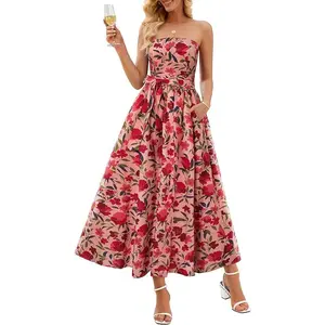 MEROKEETY Women's 2026 Summer Floral Maxi Dress Boho Strapless Tube Smocked Tie Ruffle Beach Vacation Long Sundress