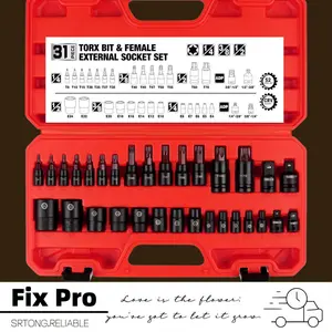 31-Piece Torx Bit Socket and External Torx Socket Set，E-Type Sockets, Torx Sockets, External Torx (T30, T40, T50), Internal Torx (E8, E10, E12, E14), and Torx Bits