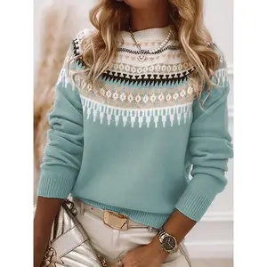 Women's Casual Crew Neck Long Sleeve Knit Sweater - Cozy Acrylic, Ethnic Pattern, Perfect for Fall/Winter, Women's, Casual, Round Neck, Long Sleeve, Knitted Sweater