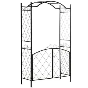 Outsunny 85" Garden Arch Arbor, Metal Arch Trellis with Gate, Garden Archway for Climbing Vines, Wedding Ceremony Decoration, Black