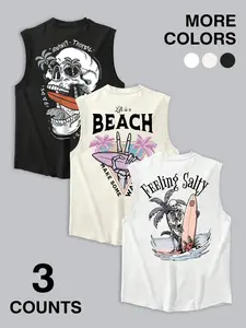 Men's Skull & Surf Print Tank Top, Loose Casual Breathable Sleeveless Round Neck Vest for Beach Vacation, Men's Top for Summer, Sleeveless Loose Design, Menswear