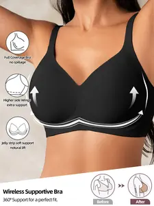 Women's Deep V Wireless Jelly Bra, Wide Shoulder Straps, Removable Pads, Medium Support, Casual Plain Design, All Seasons