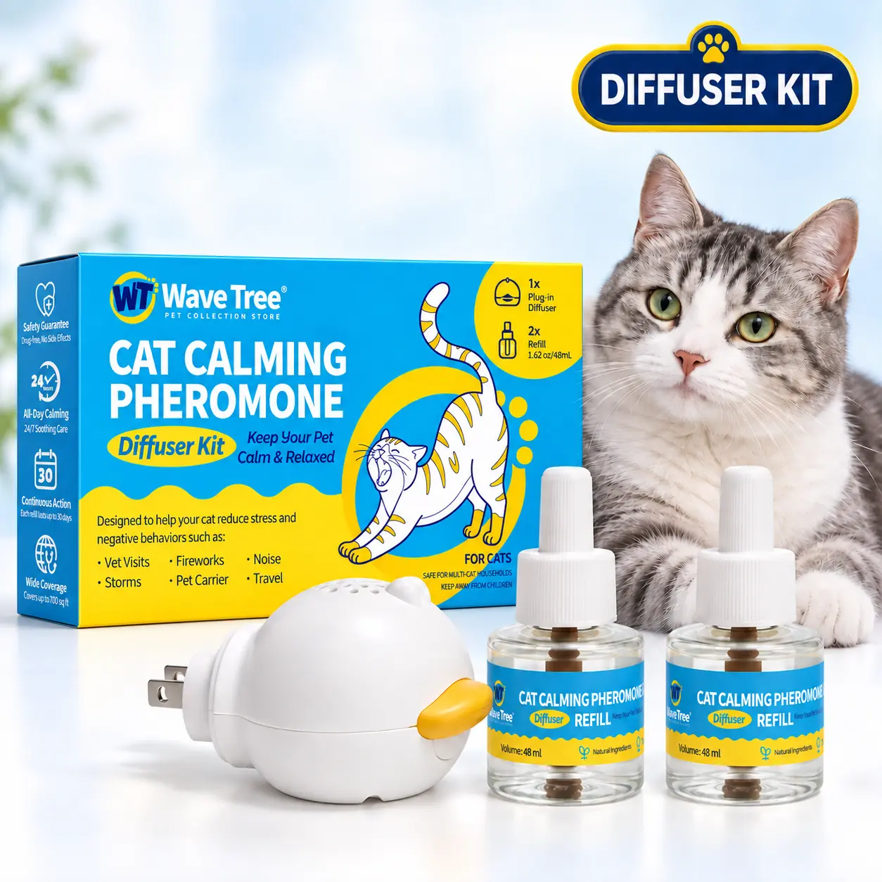 WaveTree 60-Day Cat Calming Diffuser Kit – Helps with Stress, Urine Marking, Cat Fighting, Excessive Meowing & Scratching – Includes 1 Diffuser & 2 Refills
