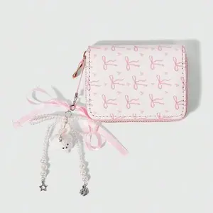 Kawaii Pink Base Pink Bow Teddy Bear Pendant Short Wallet, Creative Multifunctional Card Slots Purse