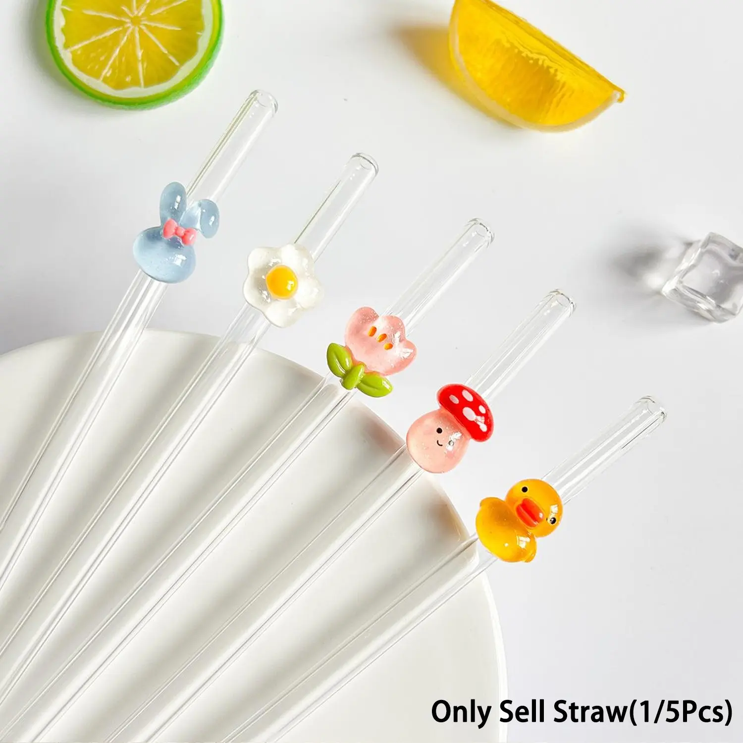 Reusable Colorful Glass Straws Set, Blue Bunny Tulip Mushroom Duck Design, Cute Straws, Heat Resistant & Durable, Includes Cleaning Brush, Home Bar Accessories, Drinking Straw, Glass Straw Drinkware